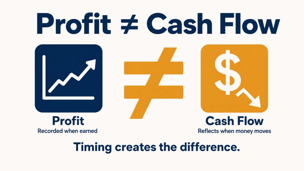 Infographic showing that profit does not equal cash flow — profit is recorded when earned, cash flow reflects when money moves, and timing creates the difference