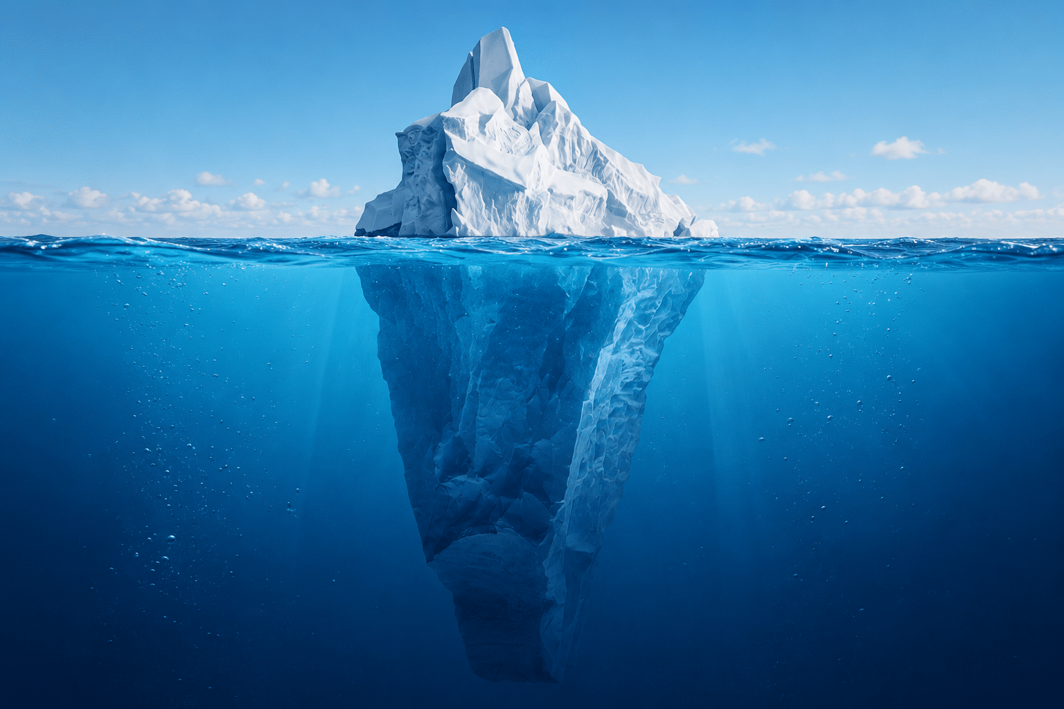 Iceberg illustration showing visible cash flow problems above the waterline and hidden underlying causes below the surface. The image represents how many business cash flow issues are driven by factors not immediately visible to business owners."