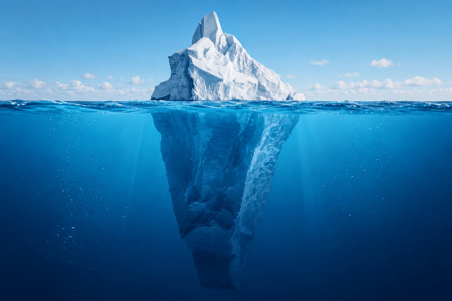 Iceberg illustration showing visible cash flow problems above the waterline and hidden underlying causes below the surface. The image represents how many business cash flow issues are driven by factors not immediately visible to business owners."