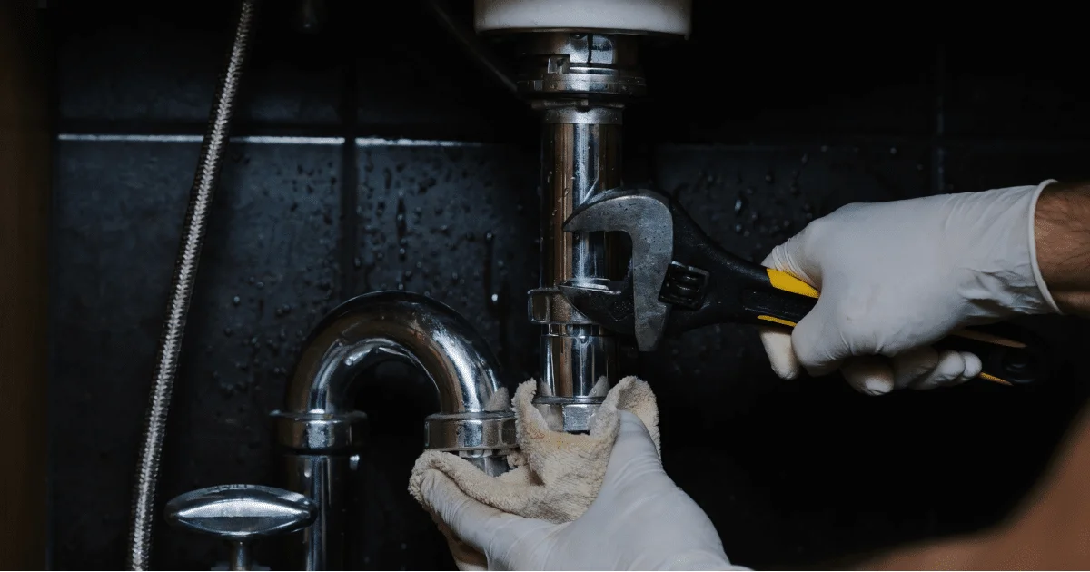 Plumber using an adjustable wrench to work on metal pipes beneath a bathroom sink.